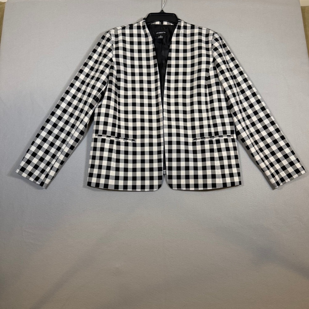 Liz Claiborne Womens Black White Gingham Open Front Blazer Jacket Size 14